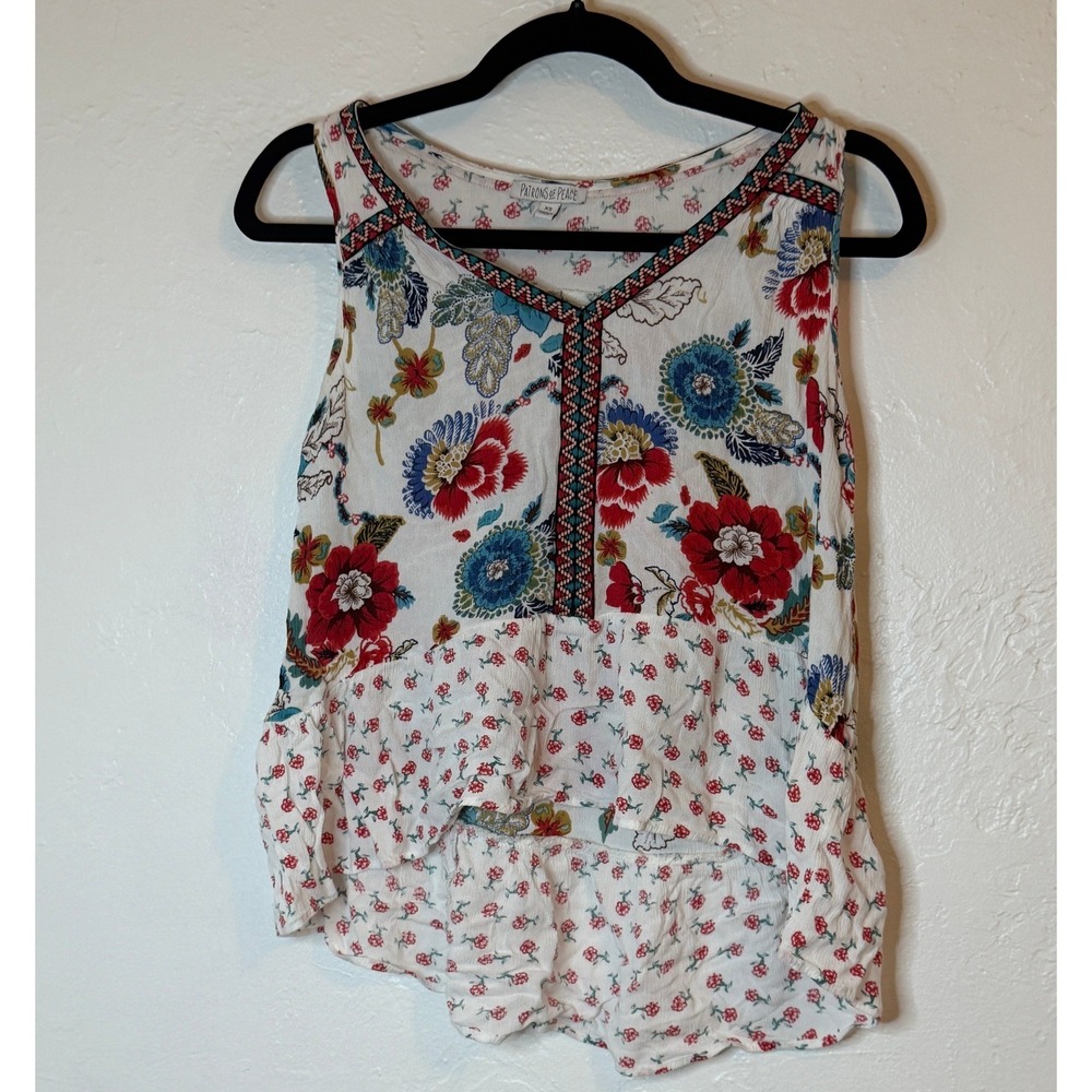 Patrons of Peace Top XS White Floral Boho Peplum Hi-Low XS